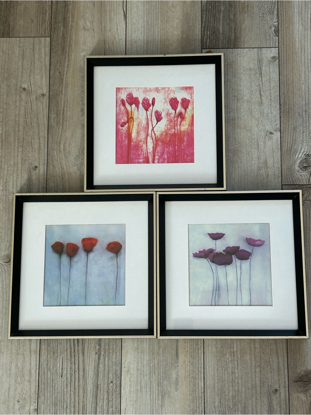 Set of 3 Framed Floral Art Pictures - Square Wall Decor